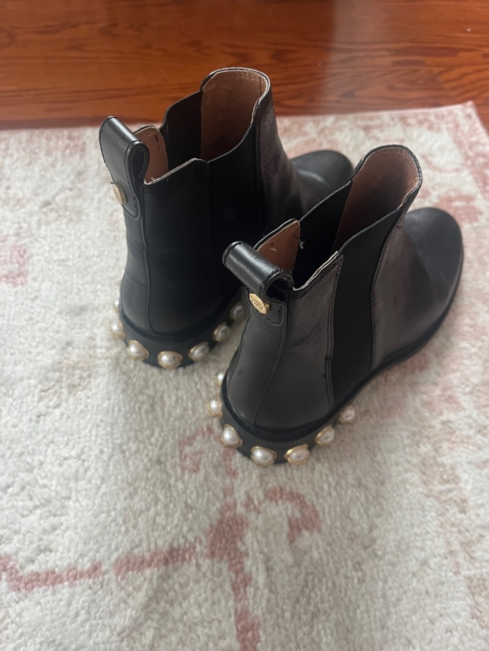 Louise et Cie Black Leather Chelsea Boot with Pearl-Trim Block Heel - Picture 3 of 4